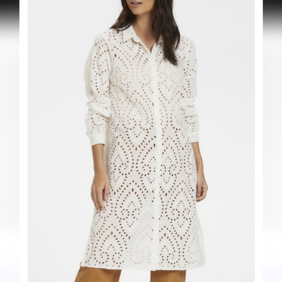 Part Two White Eyelet Broderie Anglaise Cotton Button Front Duster Dress - Picture 3 of 12